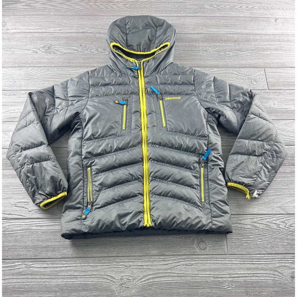 Marmot 700 Fill Down Puffer Jacket Gray Yellow Kids XL Hooded Quilted Coat